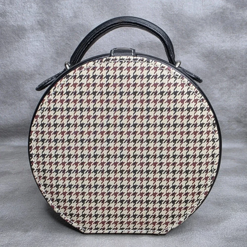 Vanity Jewelry Case Houndstooth Inset‎ & Black Leather Inside Mirror w/Pocket